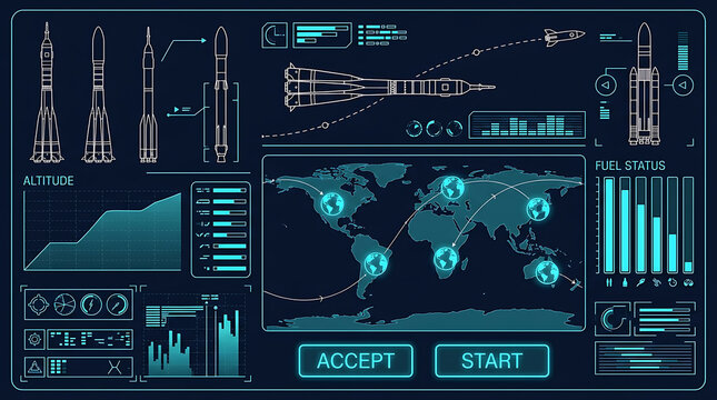 Rocket launch control panel interface with mission telemetry and futuristic digital data screens