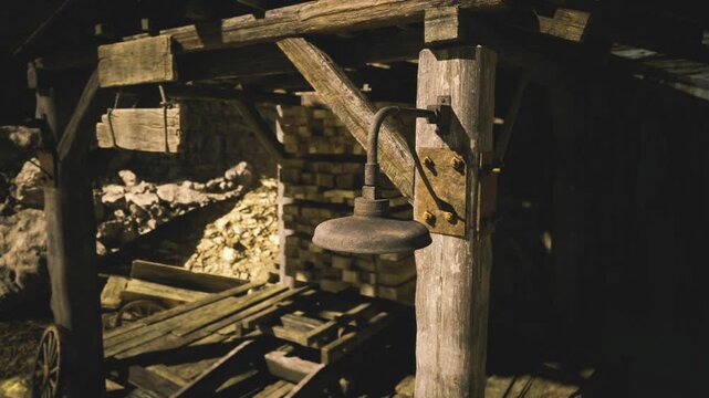 Old support beams in ruins. Abandoned wooden pillars in deserted mine setup. Dilapidated support structures amidst scattered debris at mining site