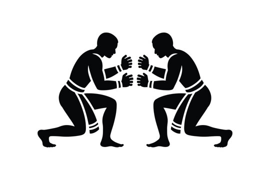 Minimalist black silhouette vector illustration of two ancient traditional warriors or wrestlers in a crouched combat martial arts stance ready to fight facing each other on white background