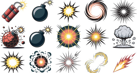 Cartoon dynamite and explosion vector set, playful collection featuring dynamite bombs, comic blast effects, explosive bursts, smoke clouds, sparks, and action elements ideal for games, animations,  © Dalim