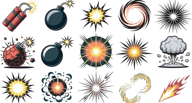 Cartoon dynamite and explosion vector set, playful collection featuring dynamite bombs, comic blast effects, explosive bursts, smoke clouds, sparks, and action elements ideal for games, animations, 