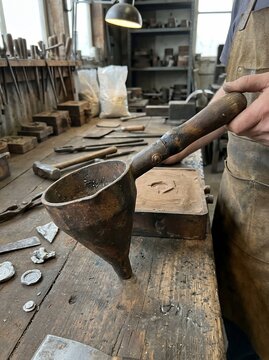 Metal worker holding a vintage casting ladle in a workshop