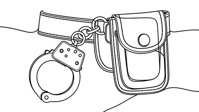 Handcuffs and police pouch on white background.