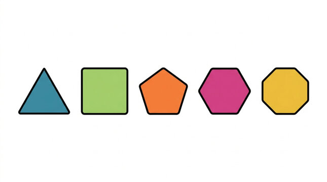 Colorful geometric shapes in a row on white.