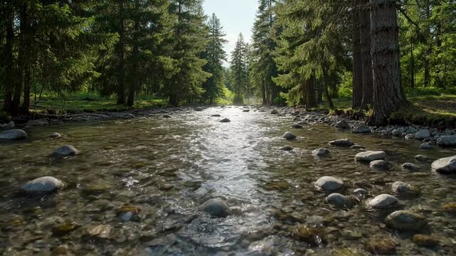Crystal clear mountain river flowing over smooth stones in lush forest a pristine, shallow cascades over round, rocks