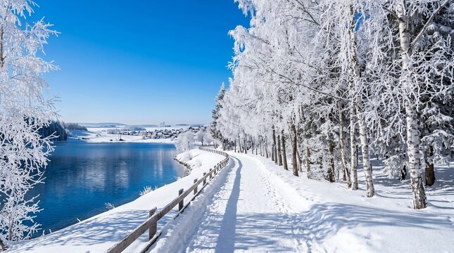 Snowy winter landscape with frozen trees along a lake path