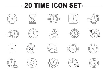 Fototapeta premium Timer, watch, speed, alarm clock. Clock and Time linear icons set. Calendar icon. Editable stroke.