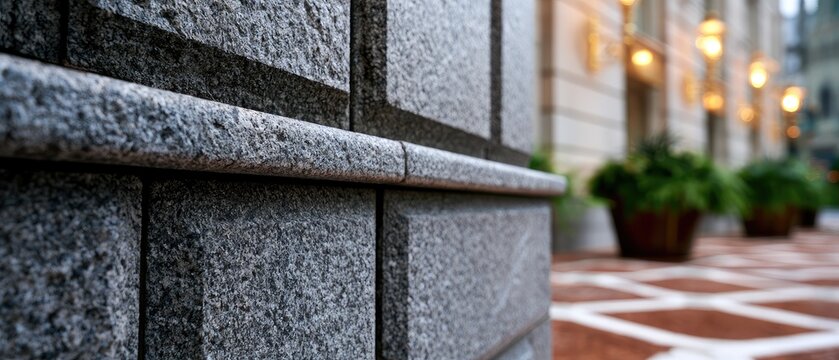 Textured stone building facade with ornate flooring and distant planters