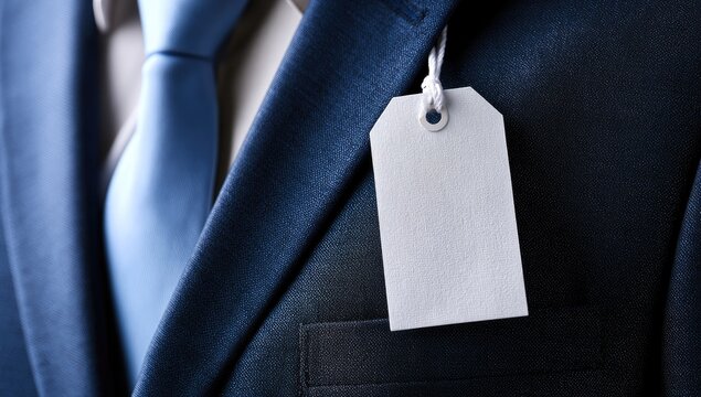 A blank tag hangs from a dark blue suit, hinting at value or purchase