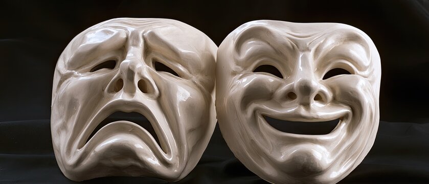 Two contrasting ceramic theater masks, one weeping, one laughing, close up