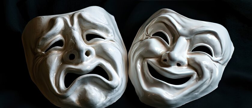 Two white theatre masks, one sad, one happy, on a dark background