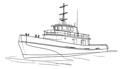 Obraz premium Line drawing of a tugboat on white background.