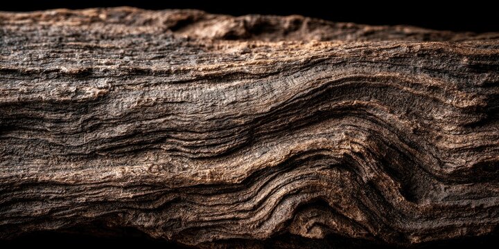 Close-up texture of weathered, dark brown wood with intricate grain patterns