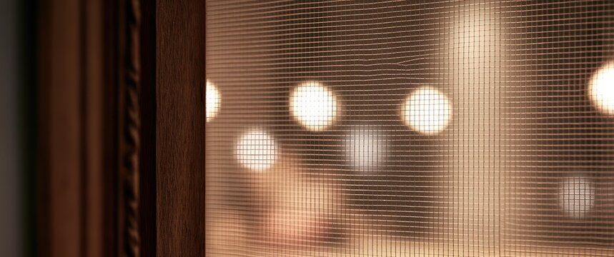 Warm, blurred interior lights seen through a textured screen and wooden frame