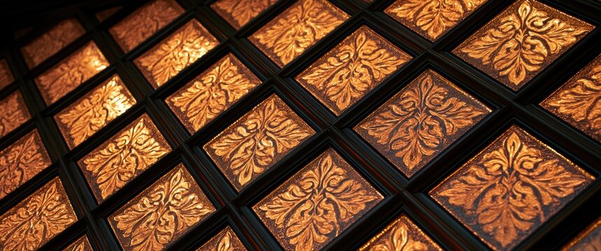 Warm, glowing, patterned glass tiles arranged in a diamond grid