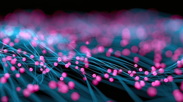 Glowing pink spheres adrift on flowing teal energy strands