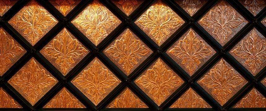 Ornate amber glass panels in a diamond pattern glow with warm light