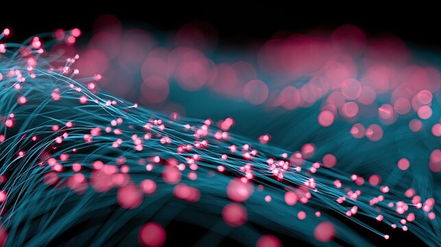 Abstract teal and pink glowing strands with bokeh