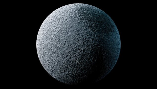 A cratered, gray celestial body hangs in a black void