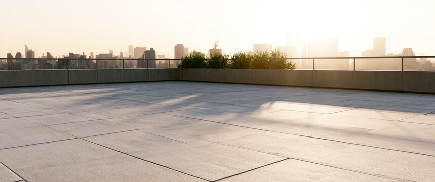 Open rooftop terrace overlooks a hazy cityscape bathed in warm, diffused sunlight