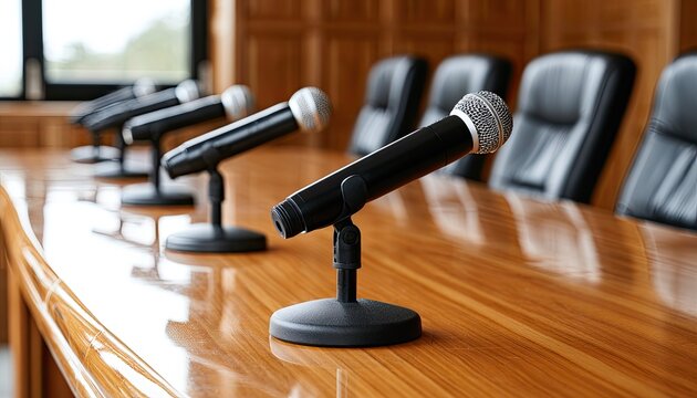 Multiple microphones on polished wood table before empty chairs