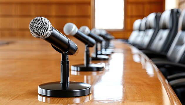 Row of microphones on a polished wooden table in a meeting room