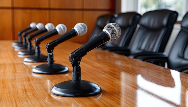Microphones lined up on a polished wooden table in a formal meeting room