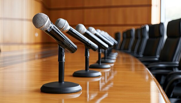 Microphones lined up on a polished table in a boardroom