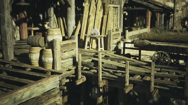 Weathered wooden pier with barrels and mooring posts, algae stains on planks, rope coils, aged containers stacked near edge, maritime decay creating historic