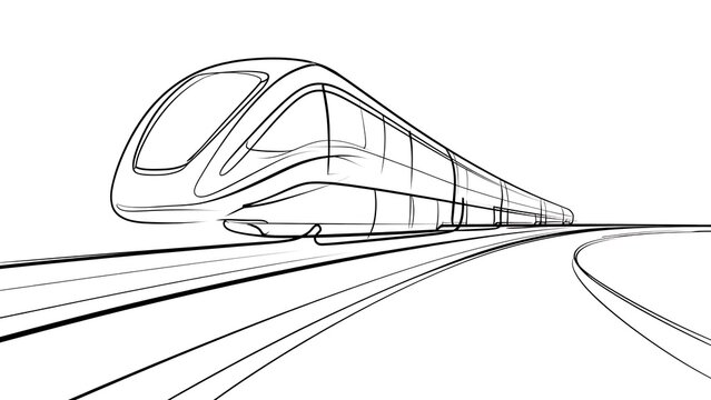 Futuristic high speed train on tracks white background.