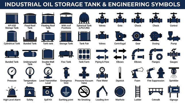 Industrial Oil Storage Tank & Engineering Symbols Icons Set