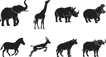 African safari animals black silhouette vector icon set featuring elephant giraffe rhinoceros hippopotamus and zebra © Raju