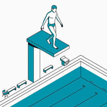 Isometric illustration of a man preparing to dive from a high platform into a swimming pool, featuring a clean architectural layout in teal and white