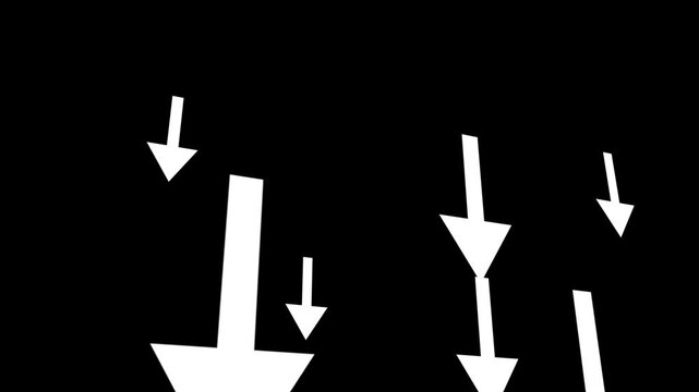 An animated motion graphic featuring thick, bold white arrows falling vertically downward across a stark black background