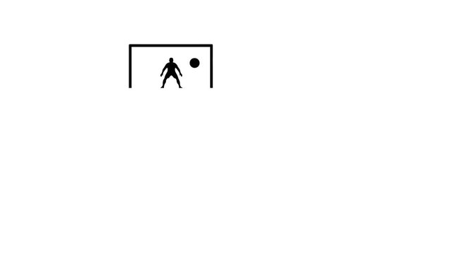 2D animation sequence depicting a penalty kick scenario in football rendered entirely in black silhouette against a clean white background.