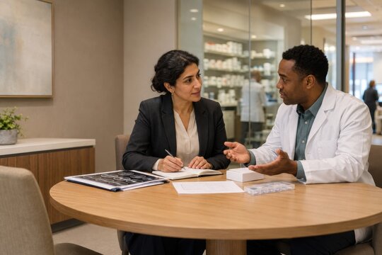 oncology pharmacist explains oral cancer medicines and a weekly pill organizer to a patient, supporting safe dosing, adherence and confidence with treatment at home