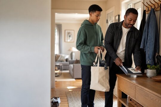 teenager helps his father pack oncology papers, a scan disc and water before an appointment, showing quiet family caregiving and practical support at home