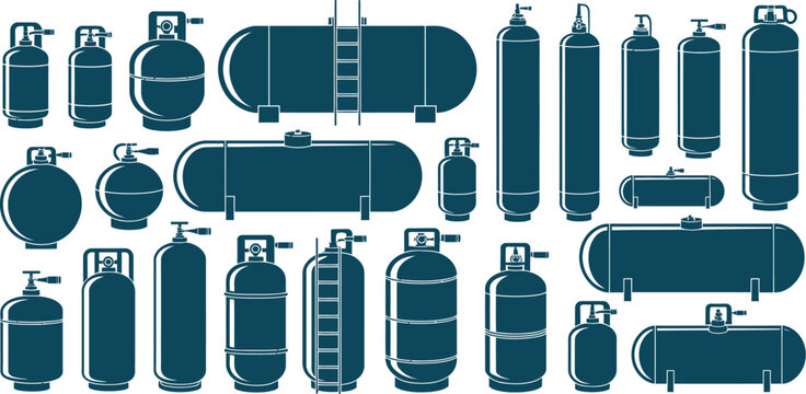 Cylinder storage tank and gas bottle silhouette collection, vector set featuring industrial storage tanks, LPG cylinders, propane bottles, fuel containers, pressure vessels, and black silhouette icons