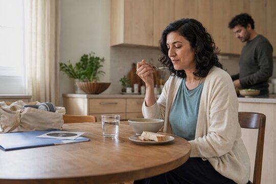 woman cautiously tastes a simple meal at home while managing taste changes from cancer treatment, showing nutrition support and everyday recovery with her partner