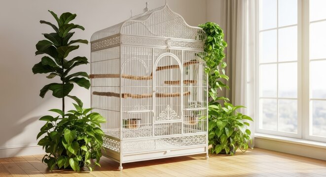 A large white metal parrot cage stands in a sunlit room near lush green indoor plants, featuring natural wood perches and metal bowls, metal, waterer, cage