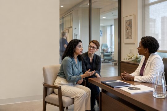 couple discusses intimacy and treatment side effects with an oncology clinician, creating a respectful space for sexual health, communication and recovery after cancer care