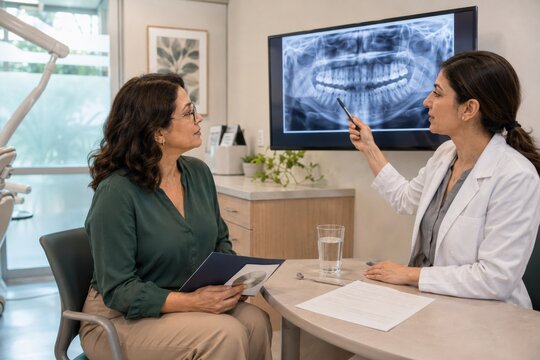 woman attends a dental consultation before bone modifying cancer treatment as a dentist explains panoramic x ray findings and preventive oral care needs for treatment safety