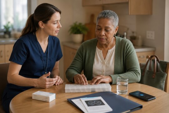 patient with visual impairment uses a tactile pill organizer at home while a nurse explains the routine, illustrating accessible medication management during cancer treatment