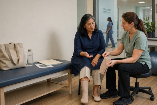 woman receives lymphedema guidance after gynecologic cancer treatment as a therapist explains compression, mobility and safe leg care throughout survivorship