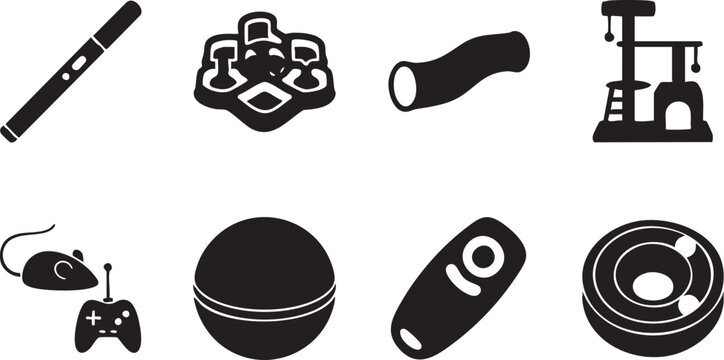 Cat toys and active pet entertainment accessories black silhouette vector icon set featuring laser pointer and scratcher