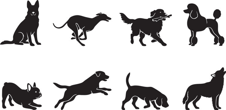 Domestic dog breeds and canine active poses black silhouette vector icon set featuring retriever and shepherd