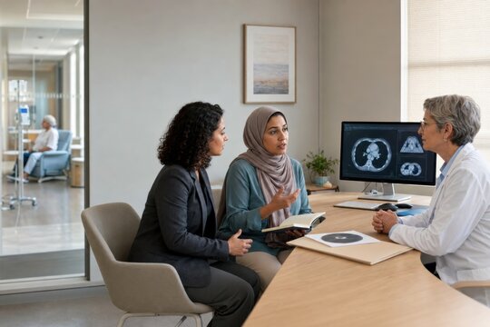 muslim woman attends an oncology consultation with a female companion and doctor, discussing scan results and treatment planning in a respectful modern clinic