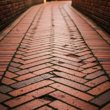A textured red brick lane winds through a narrow outdoor space, featuring a classic herringbone pattern and natural weathering on the path, structure, pattern, ground