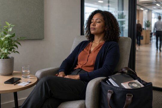 employee with cancer related fatigue takes a restorative pause in a quiet workplace lounge, supporting sustainable work routines and reasonable accommodation during recovery