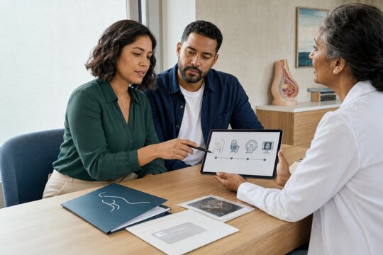 couple meets an oncology specialist to review a personalized cancer care plan, studying treatment pathway visuals and asking informed questions in a modern medical office